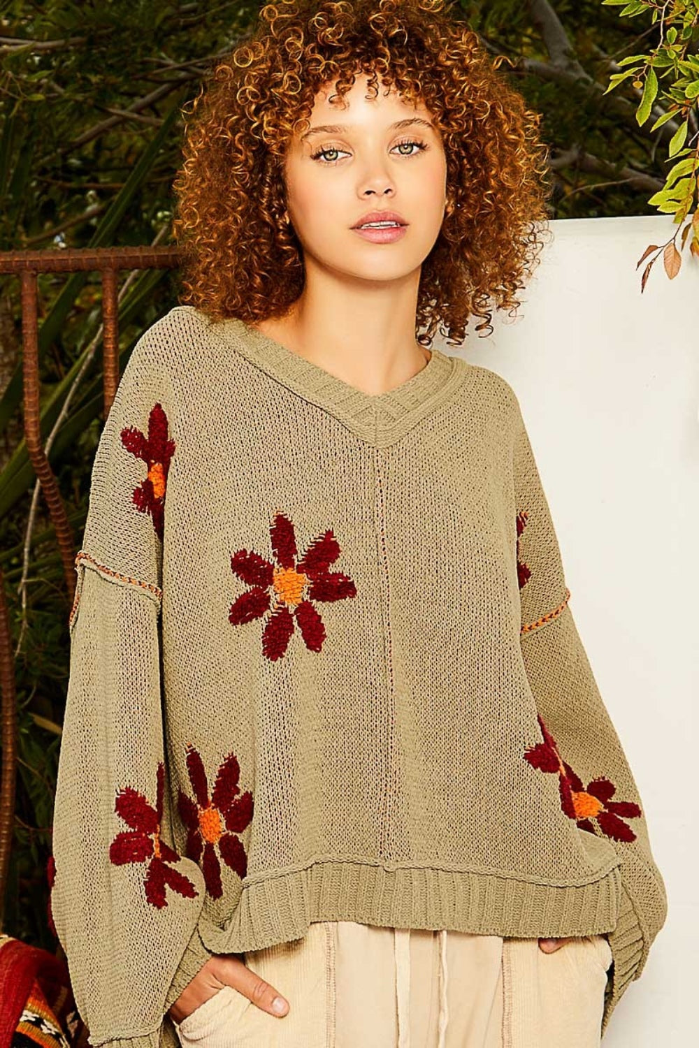 POL V Neck Floral Pattern Chenille Sweater