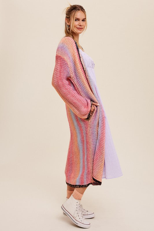 Multi Color Gradation Long Knit Open Cardigan