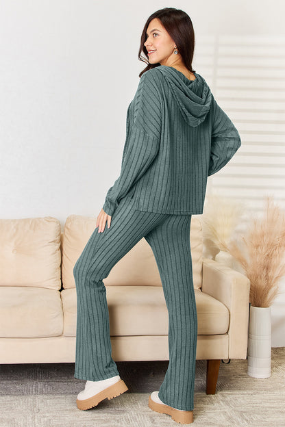 Ribbed Drawstring Hooded Top and Straight Pants Set