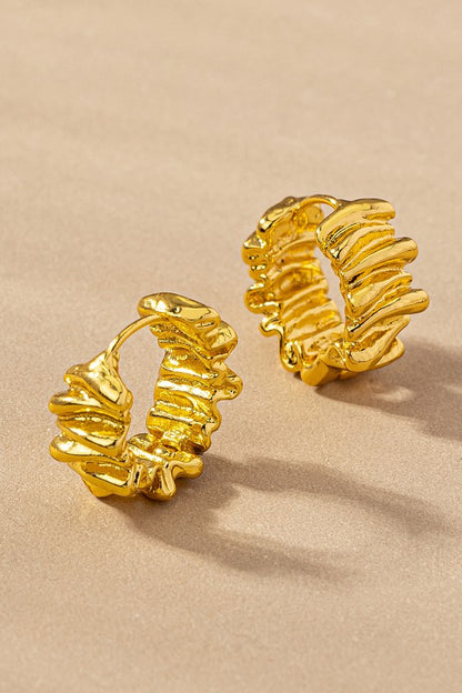 Brass ruffled ribbon huggie hoop earrings