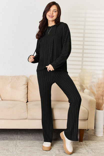 Ribbed Drawstring Hooded Top and Straight Pants Set