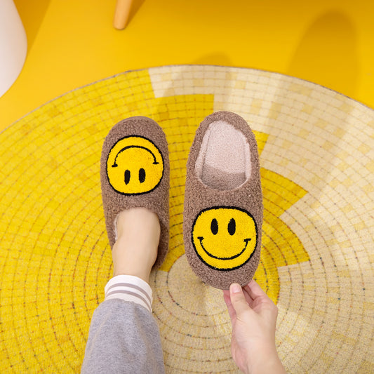 Khaki & Yellow Smiley Face Slippers