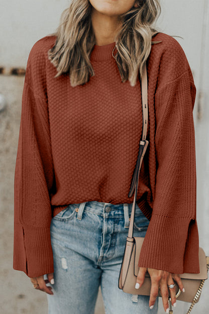 Textured Round Neck Long Sleeve Sweater