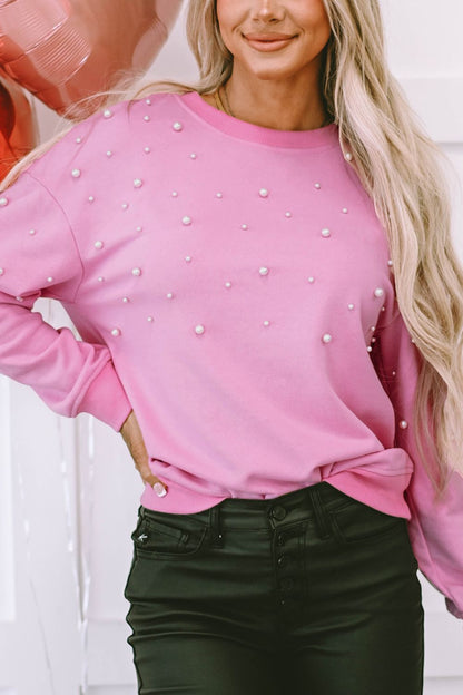 Pearl Detail Ribbed Round Neck Sweatshirt