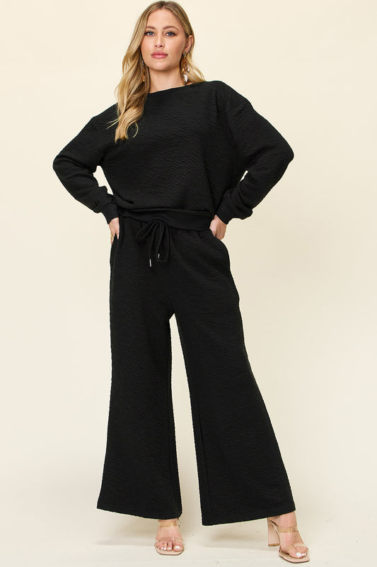 Textured Long Sleeve Top and Pants Set