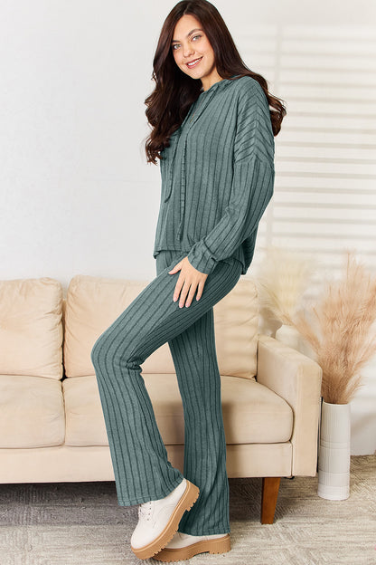 Ribbed Drawstring Hooded Top and Straight Pants Set