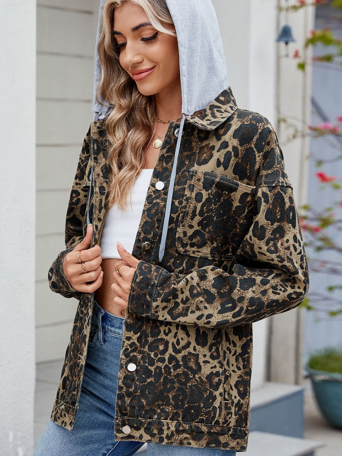 Pocketed Leopard Long Sleeve Denim Jacket